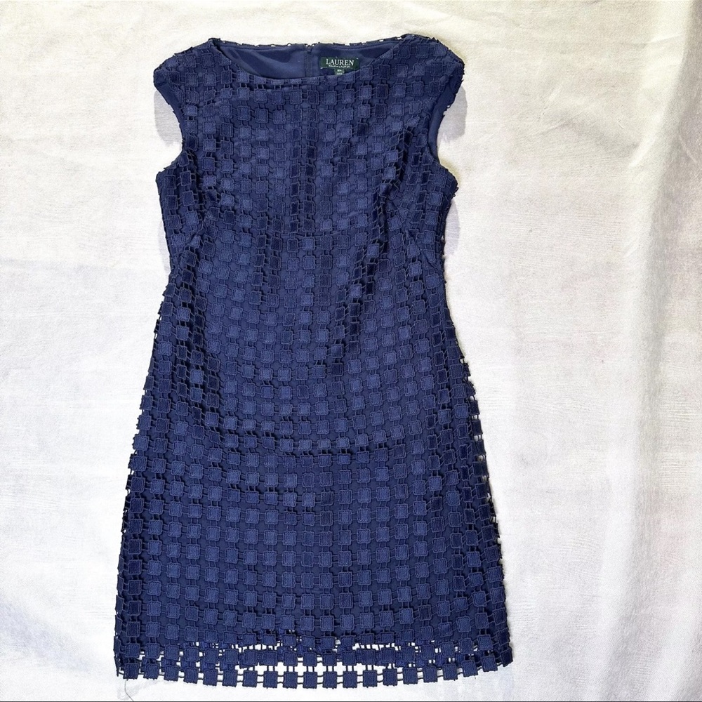 Ralph Lauren Intricate Lace Navy Blue‎ 12P Sheath Dress Geometric Lace Business